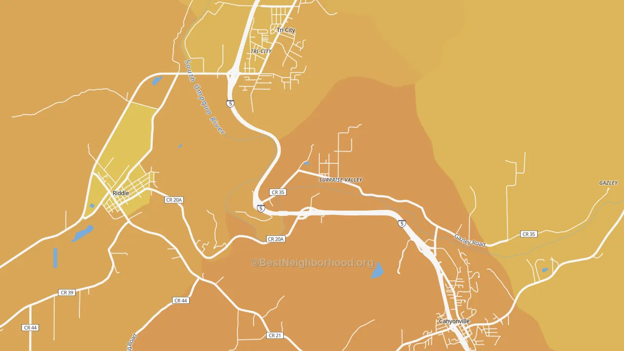 Map of the best neighborhoods in the Surprise Valley area, with better matches in green and worse matches in red
