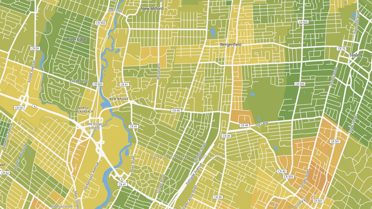 Map of the best neighborhoods in the Surrey Lane, Bergenfield area, with better matches in green and worse matches in red