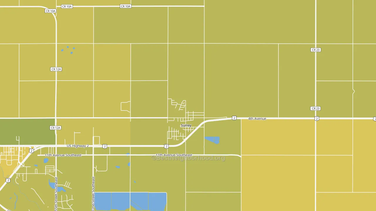 Map of the best neighborhoods in the Surrey area, with better matches in green and worse matches in red