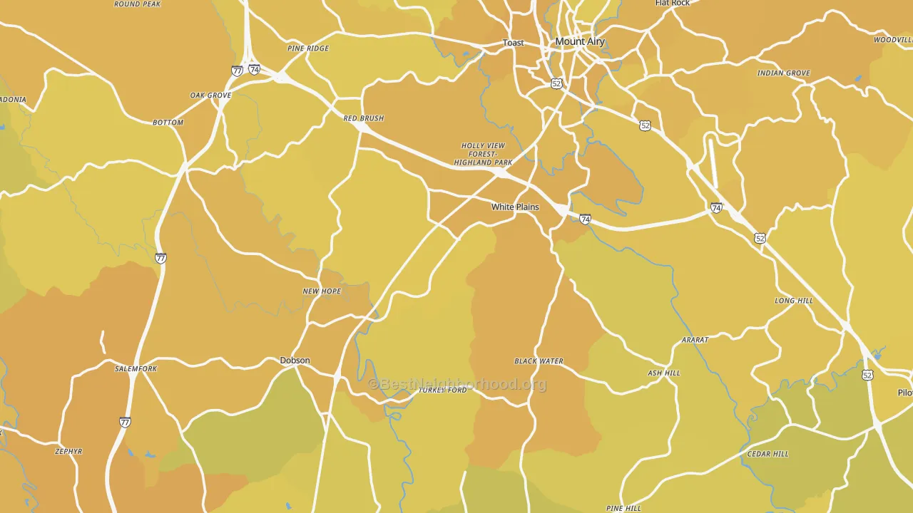 Map of the best neighborhoods in the Surry County area, with better matches in green and worse matches in red