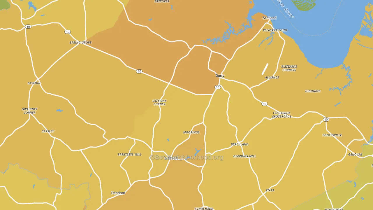 Map of the best neighborhoods in the Surry County area, with better matches in green and worse matches in red