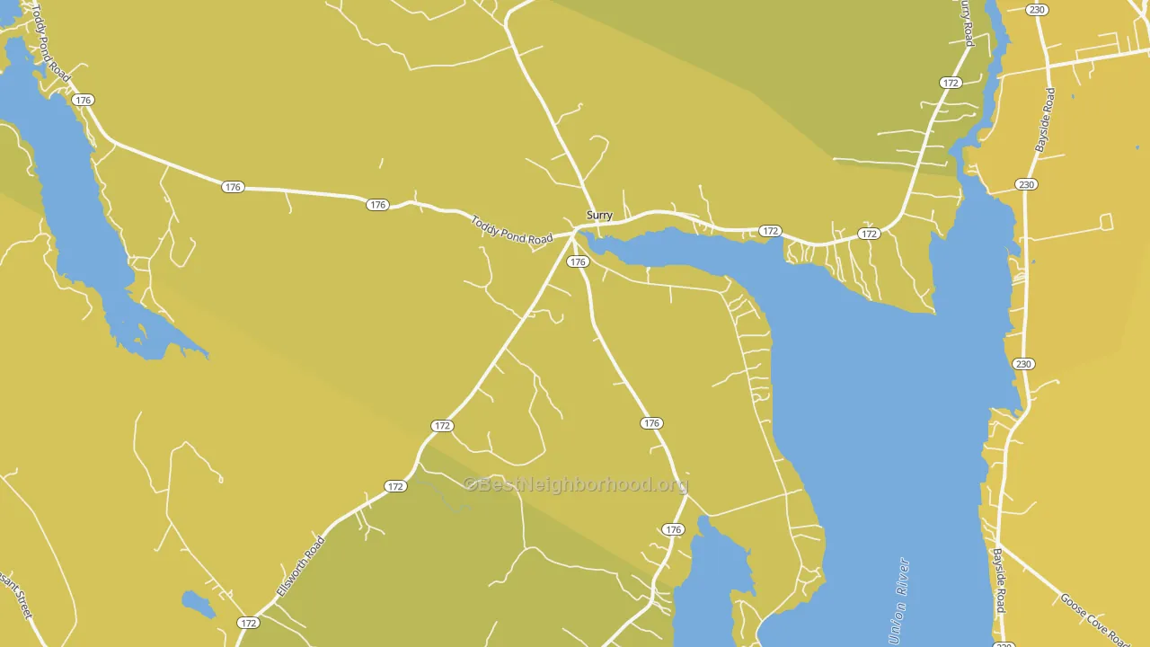 Map of the best neighborhoods in the Surry area, with better matches in green and worse matches in red