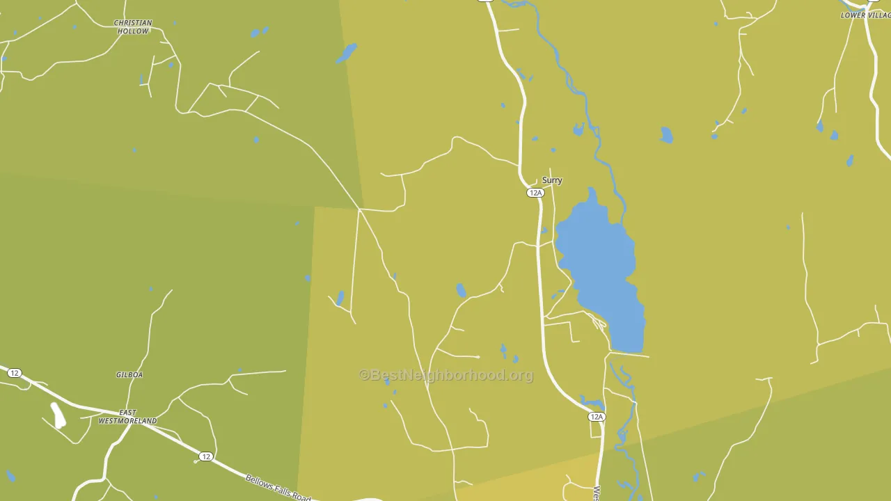 Map of the best neighborhoods in the Surry area, with better matches in green and worse matches in red
