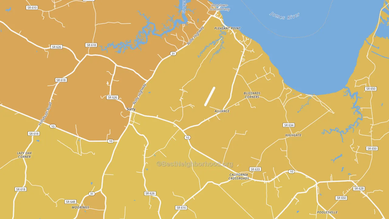 Map of the best neighborhoods in the Surry area, with better matches in green and worse matches in red