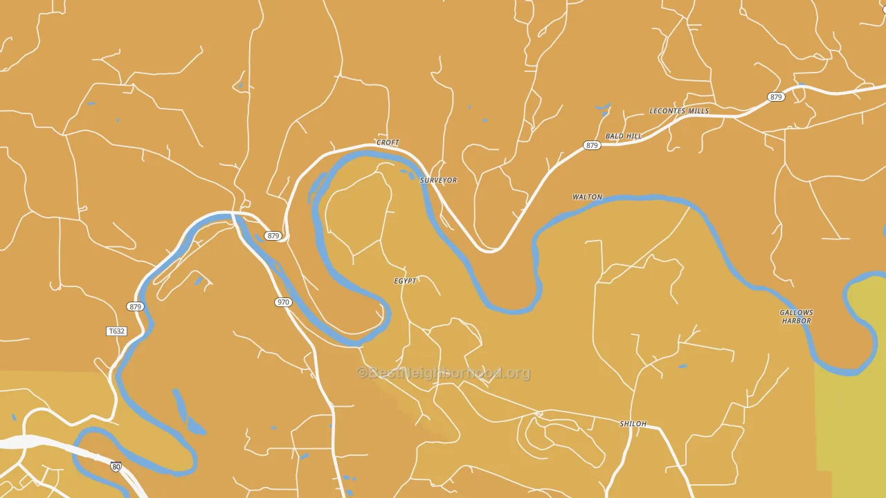 Map of the best neighborhoods in the Surveyor area, with better matches in green and worse matches in red
