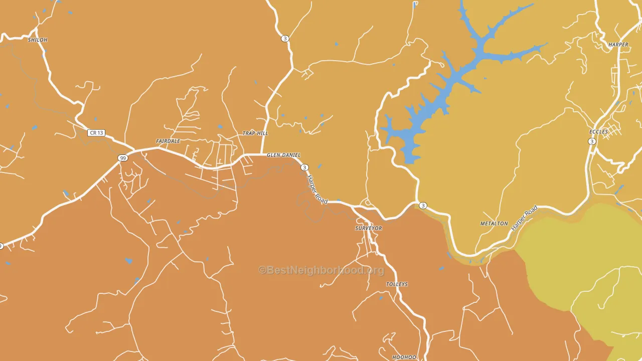 Map of the best neighborhoods in the Surveyor area, with better matches in green and worse matches in red