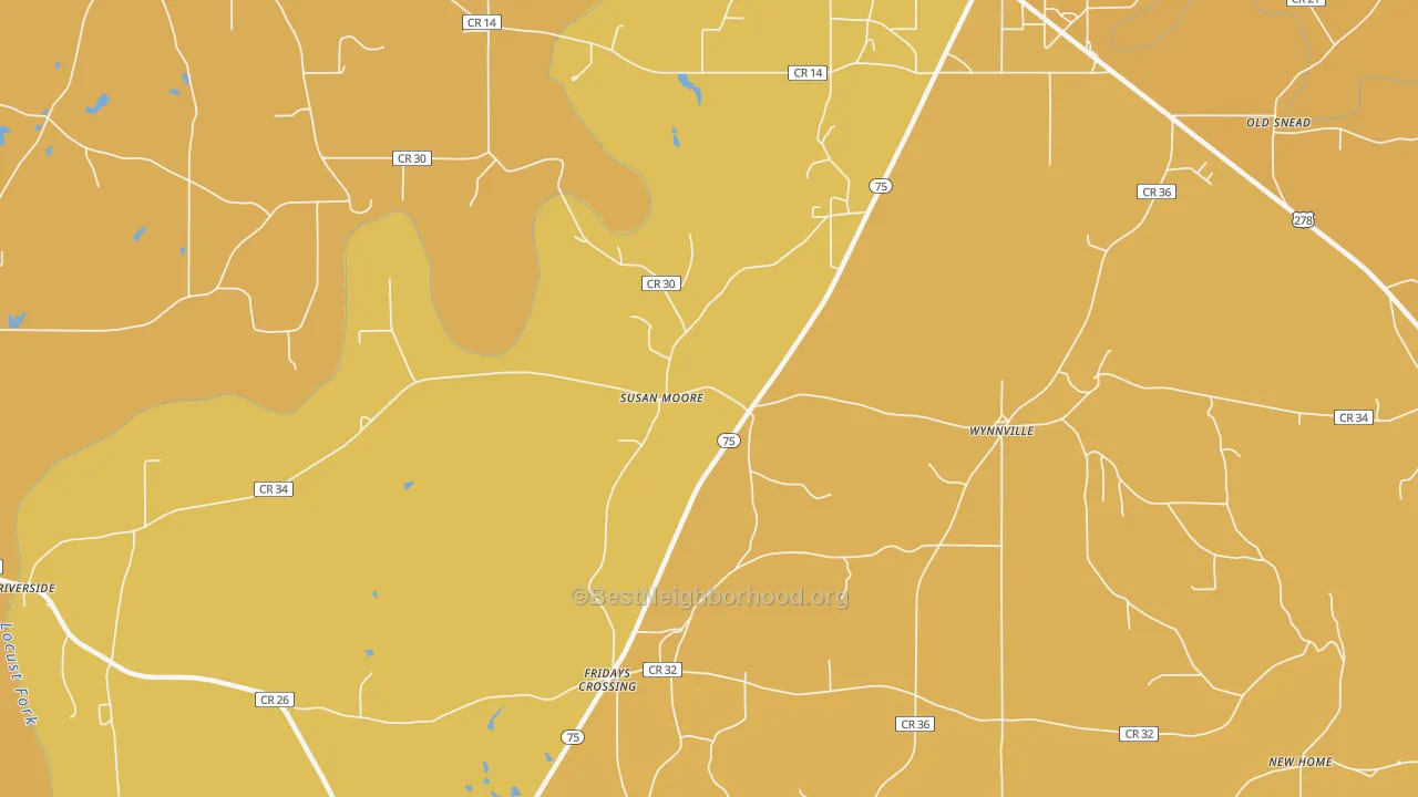 Map of the best neighborhoods in the Susan Moore area, with better matches in green and worse matches in red
