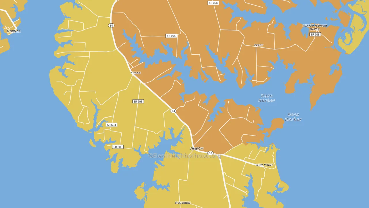 Map of the best neighborhoods in the Susan area, with better matches in green and worse matches in red