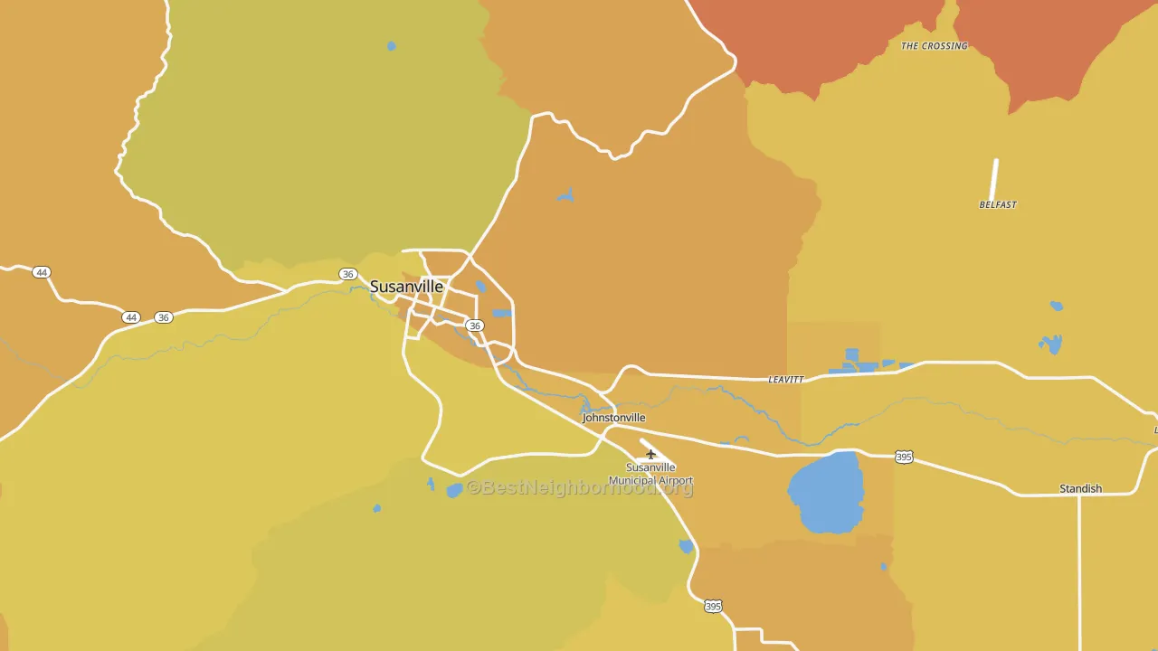 Map of the best neighborhoods in the Susanville area, with better matches in green and worse matches in red