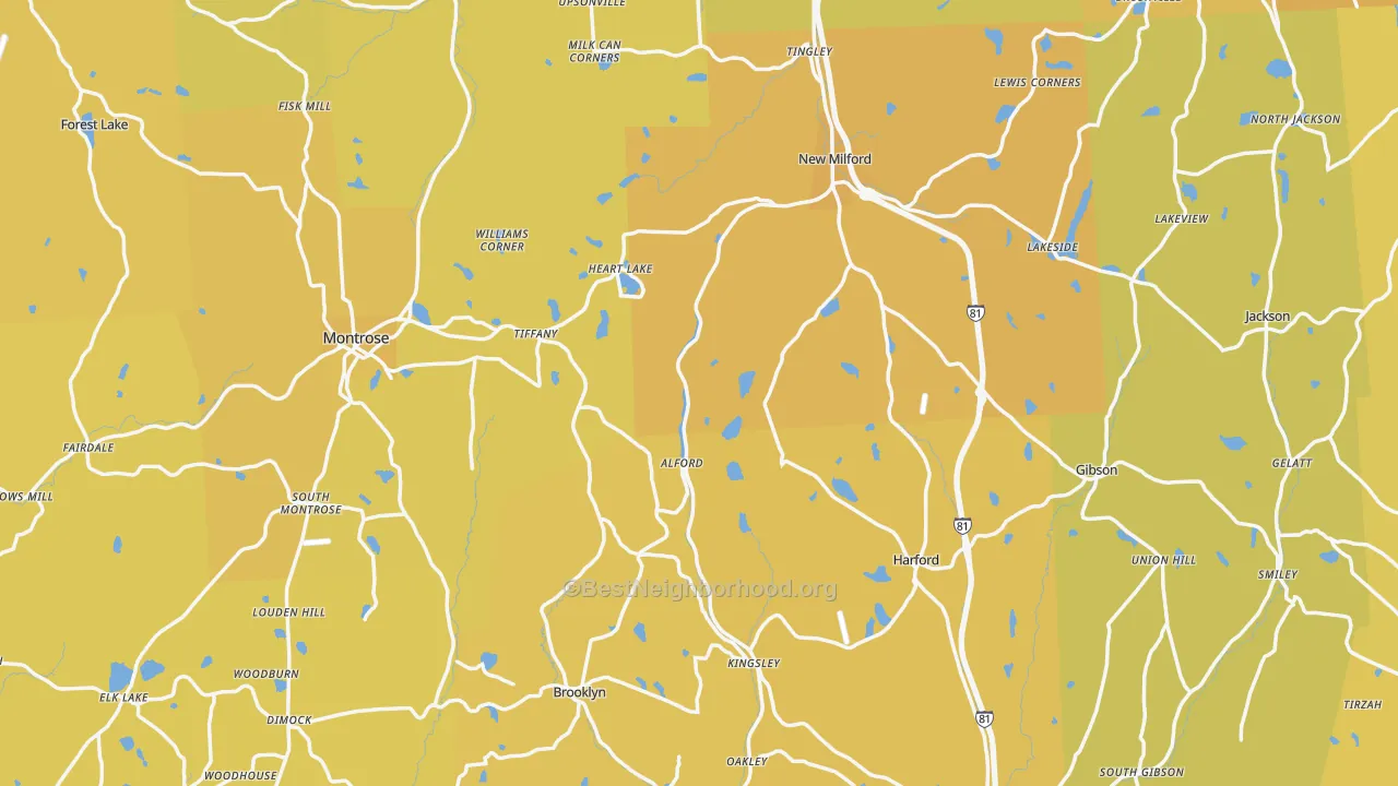 Map of the best neighborhoods in the Susquehanna County area, with better matches in green and worse matches in red