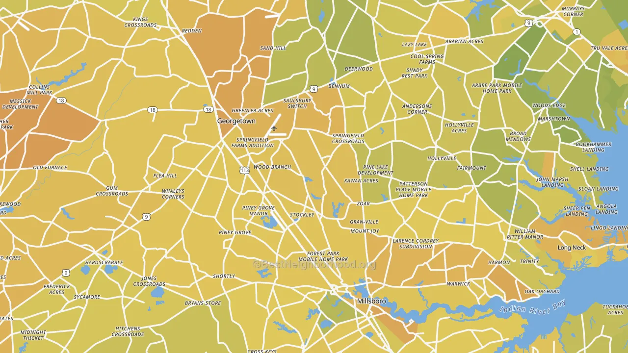 Map of the best neighborhoods in the Sussex County area, with better matches in green and worse matches in red