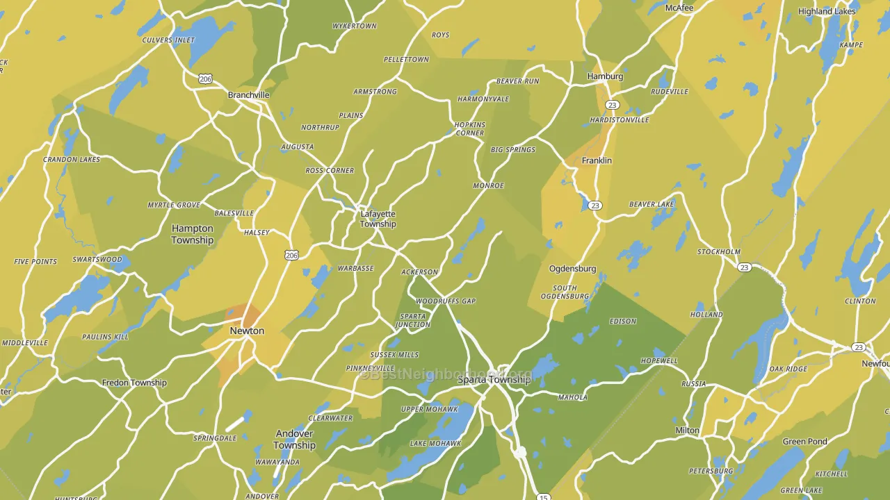 Map of the best neighborhoods in the Sussex County area, with better matches in green and worse matches in red