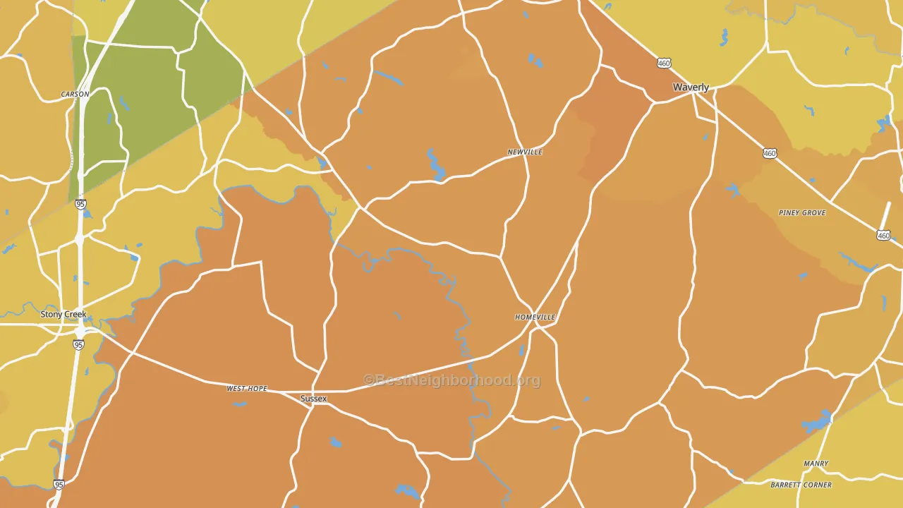 Map of the best neighborhoods in the Sussex County area, with better matches in green and worse matches in red