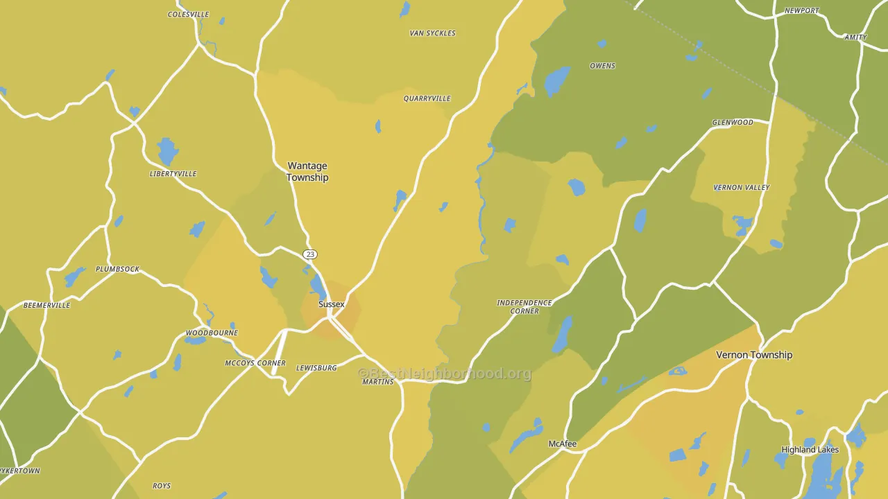 Map of the best neighborhoods in the Sussex area, with better matches in green and worse matches in red