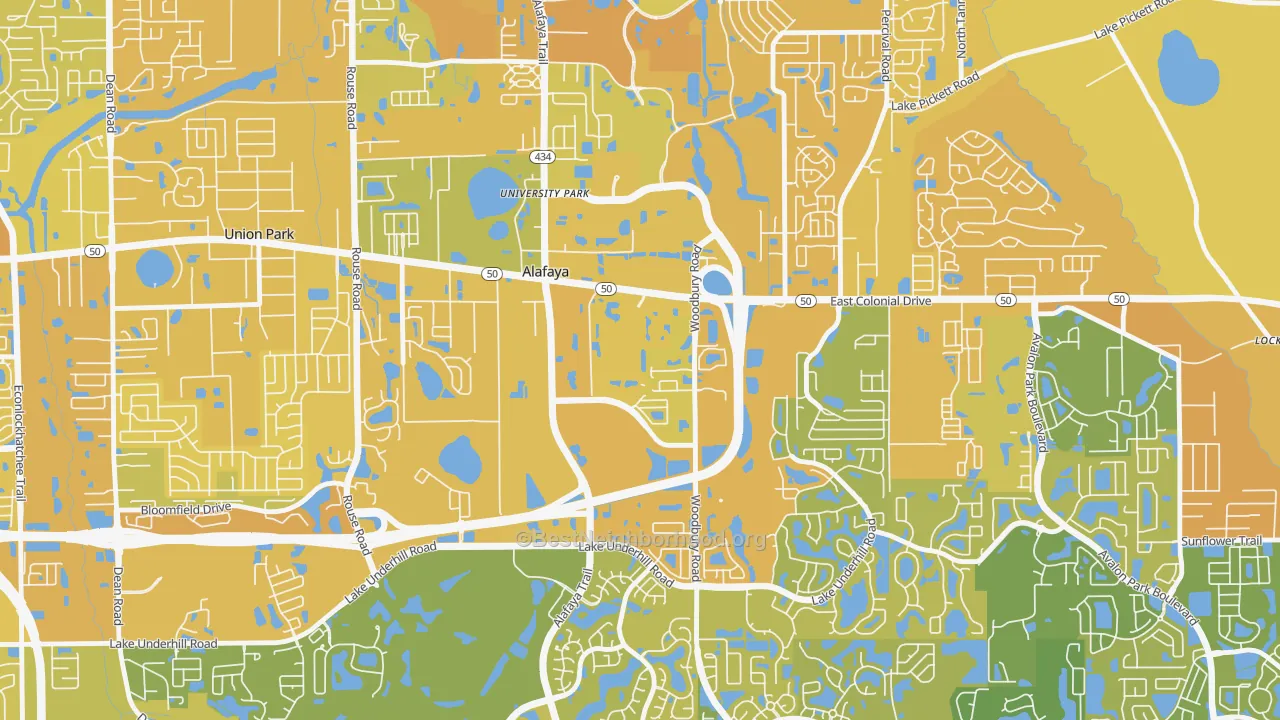 Map of the best neighborhoods in the Sussex Place, Alafaya area, with better matches in green and worse matches in red