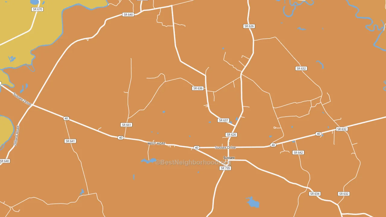 Map of the best neighborhoods in the Sussex area, with better matches in green and worse matches in red