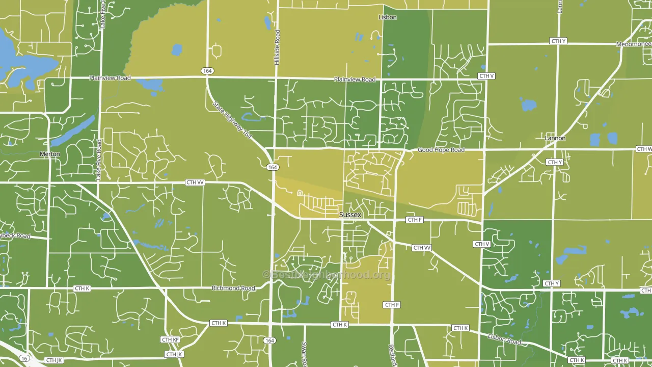 Map of the best neighborhoods in the Sussex area, with better matches in green and worse matches in red