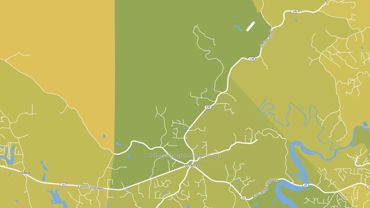 Map of the best neighborhoods in the Sutallee area, with better matches in green and worse matches in red