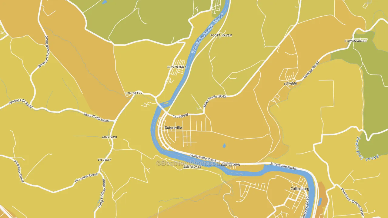 Map of the best neighborhoods in the Sutersville area, with better matches in green and worse matches in red