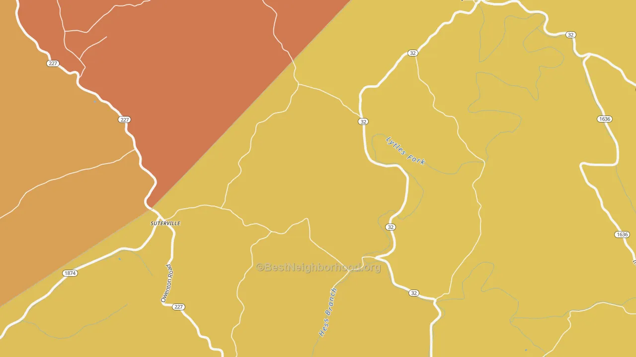 Map of the best neighborhoods in the Suterville area, with better matches in green and worse matches in red