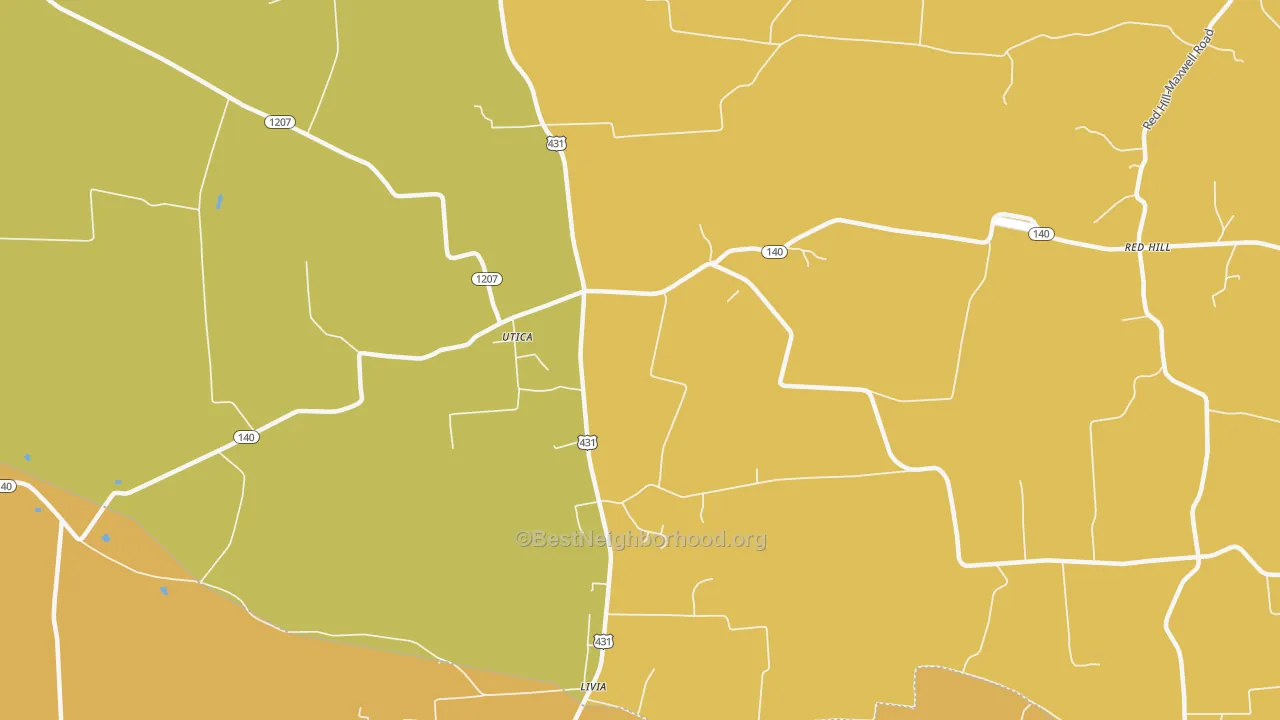 Map of the best neighborhoods in the Sutherland area, with better matches in green and worse matches in red