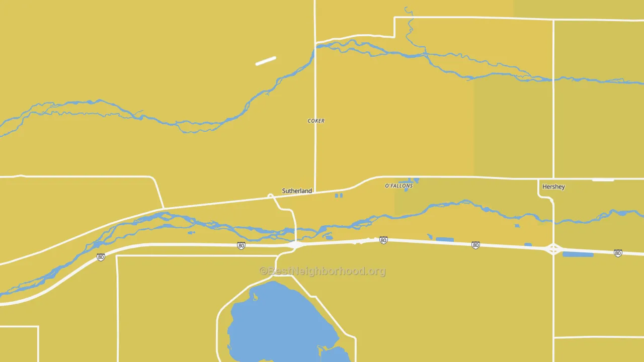 Map of the best neighborhoods in the Sutherland area, with better matches in green and worse matches in red