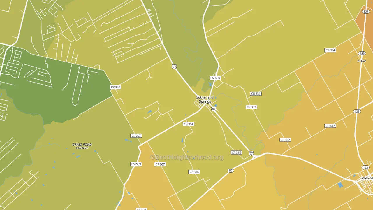 Map of the best neighborhoods in the Sutherland Springs area, with better matches in green and worse matches in red
