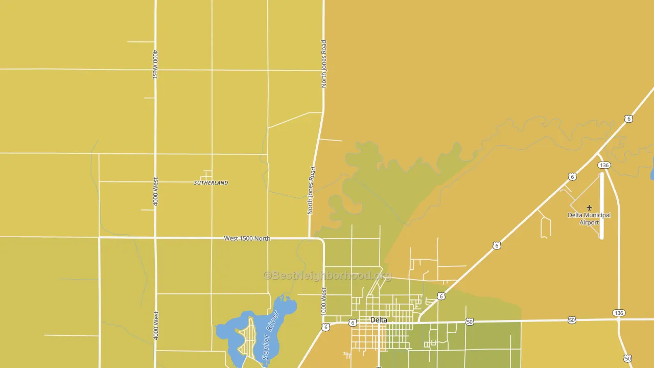 Map of the best neighborhoods in the Sutherland area, with better matches in green and worse matches in red