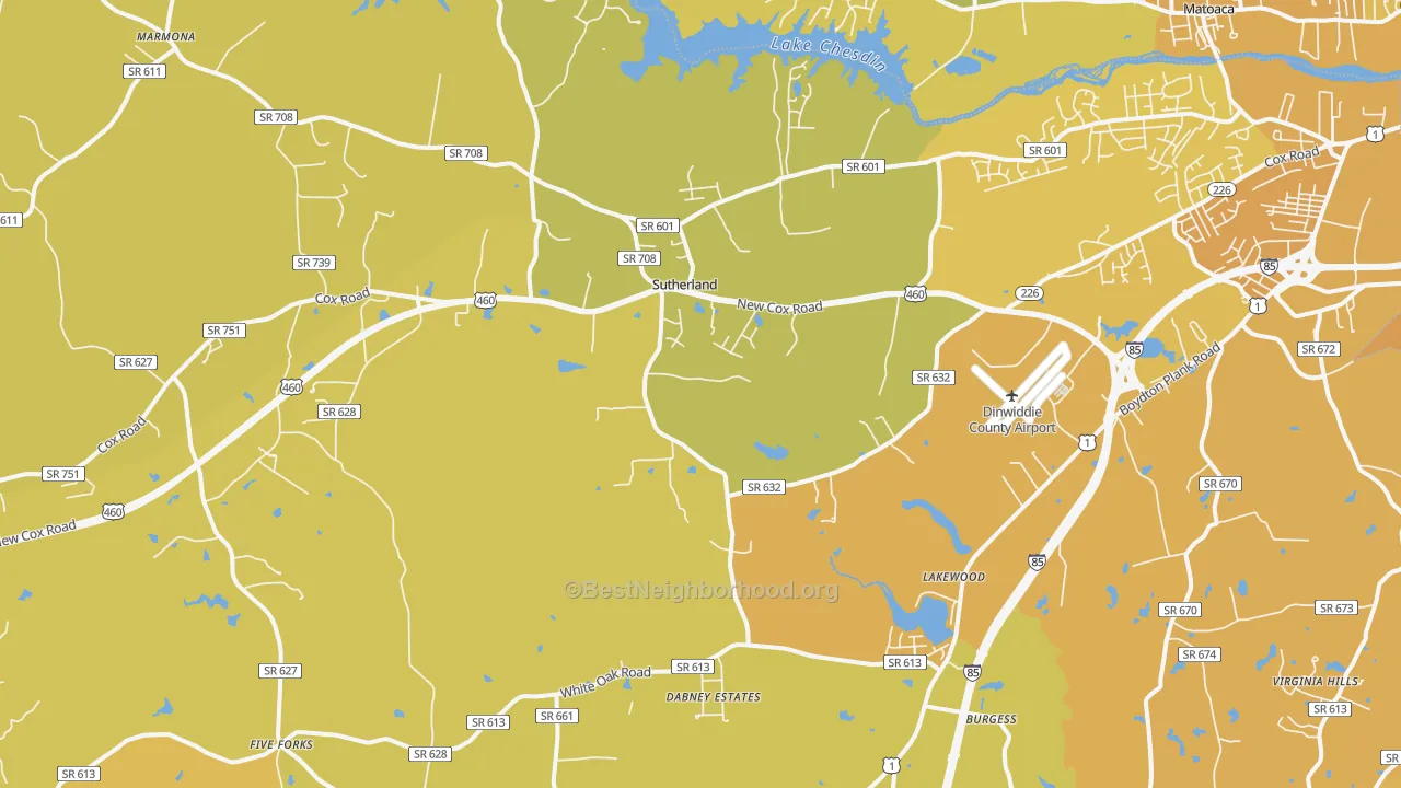 Map of the best neighborhoods in the Sutherland area, with better matches in green and worse matches in red