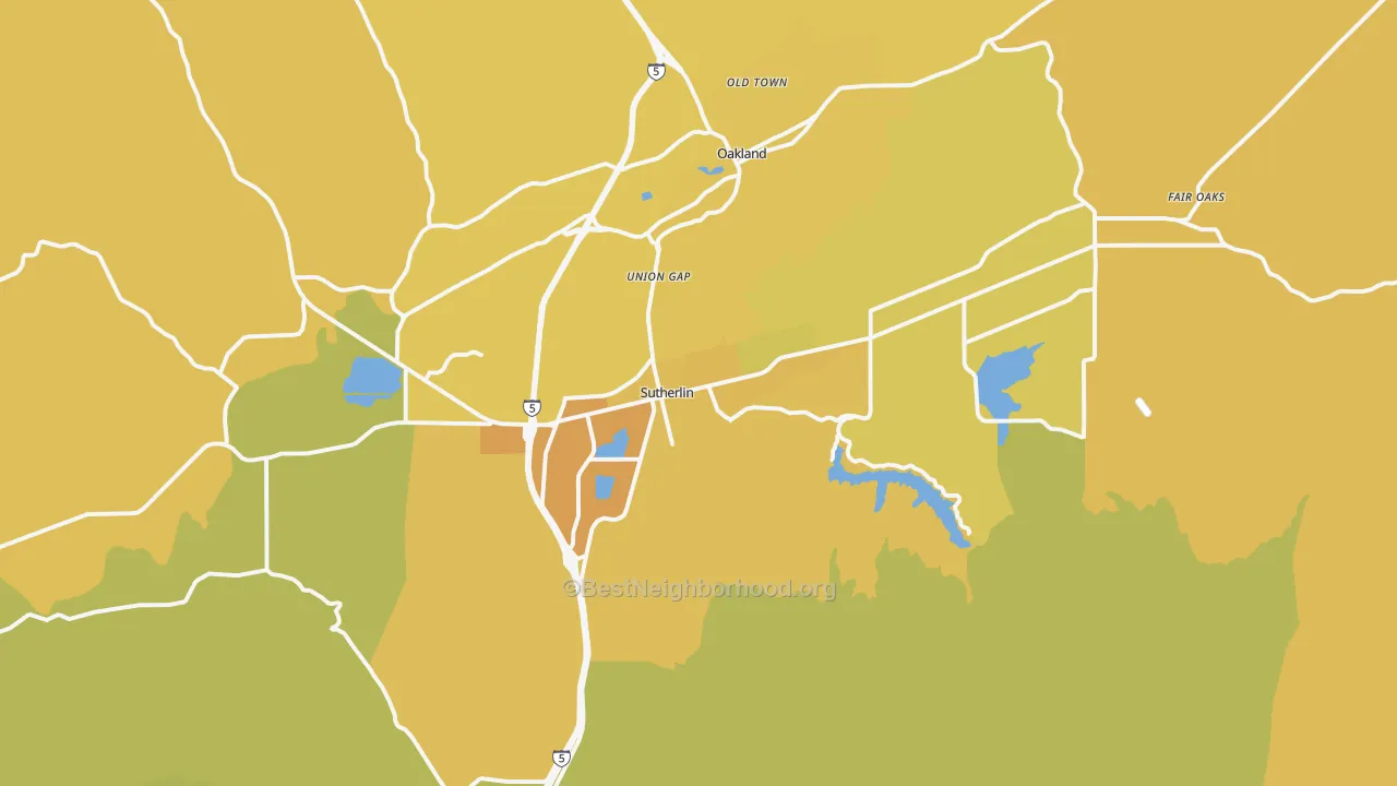 Map of the best neighborhoods in the Sutherlin area, with better matches in green and worse matches in red
