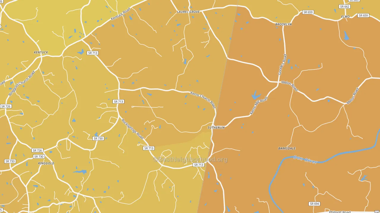 Map of the best neighborhoods in the Sutherlin area, with better matches in green and worse matches in red