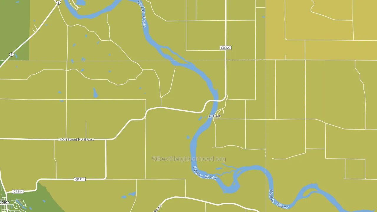 Map of the best neighborhoods in the Sutliff area, with better matches in green and worse matches in red