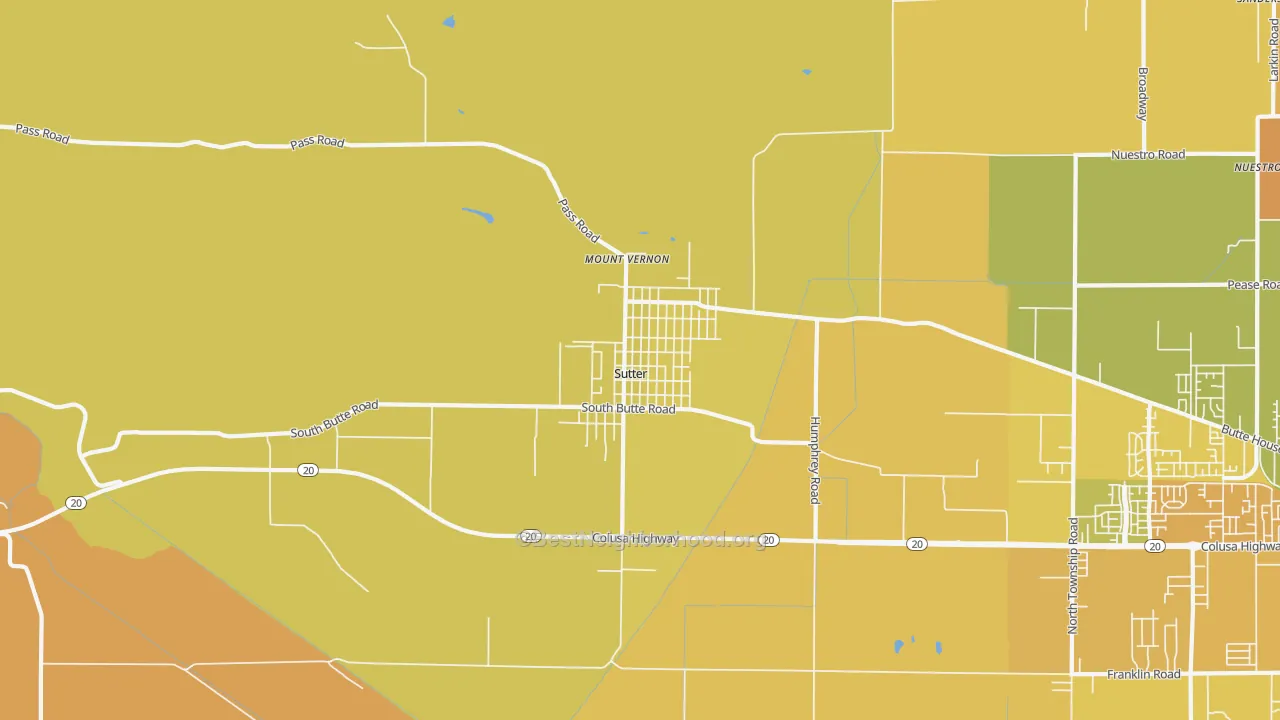 Map of the best neighborhoods in the Sutter area, with better matches in green and worse matches in red