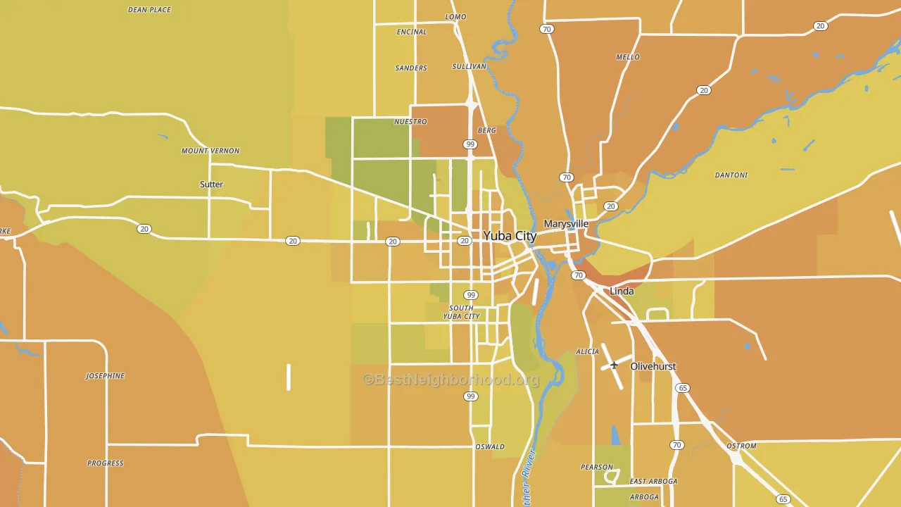 Map of the best neighborhoods in the Sutter County area, with better matches in green and worse matches in red