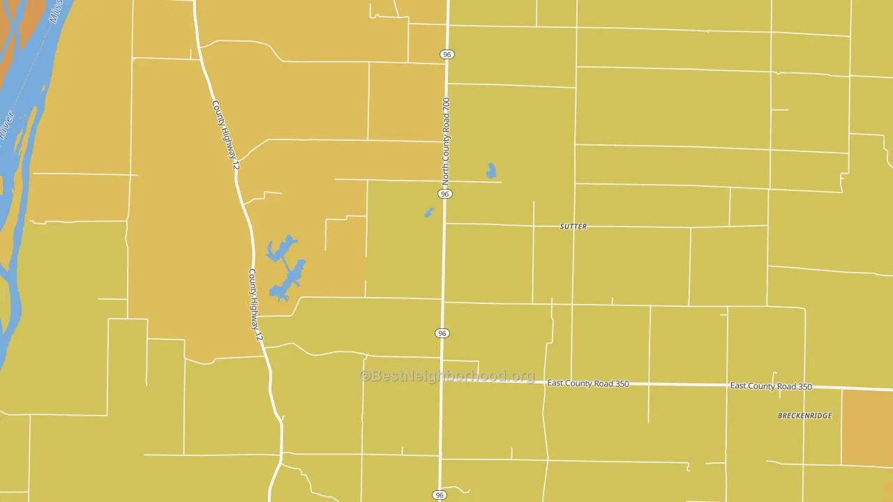 Map of the best neighborhoods in the Sutter area, with better matches in green and worse matches in red