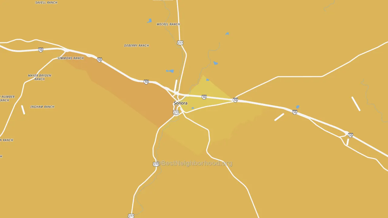 Map of the best neighborhoods in the Sutton County area, with better matches in green and worse matches in red