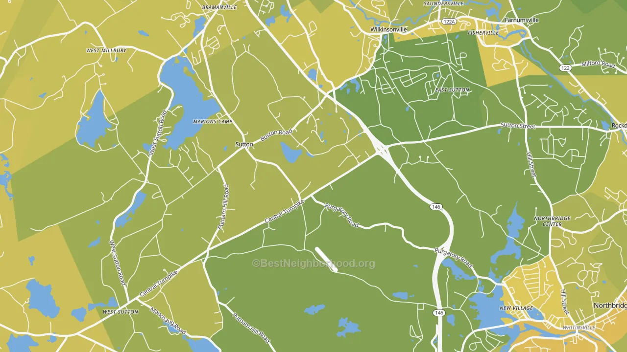 Map of the best neighborhoods in the Sutton area, with better matches in green and worse matches in red