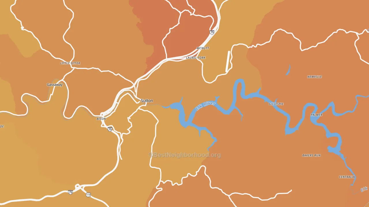 Map of the best neighborhoods in the Sutton area, with better matches in green and worse matches in red