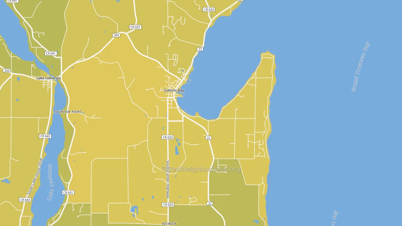 Map of the best neighborhoods in the Suttons Bay area, with better matches in green and worse matches in red