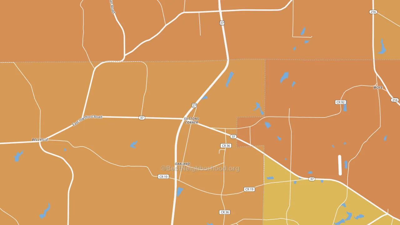 Map of the best neighborhoods in the Suttons Corner area, with better matches in green and worse matches in red