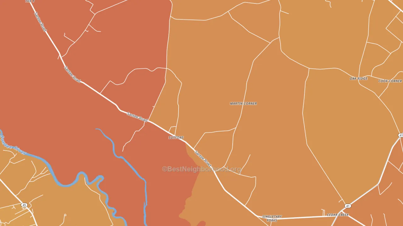 Map of the best neighborhoods in the Suttons area, with better matches in green and worse matches in red