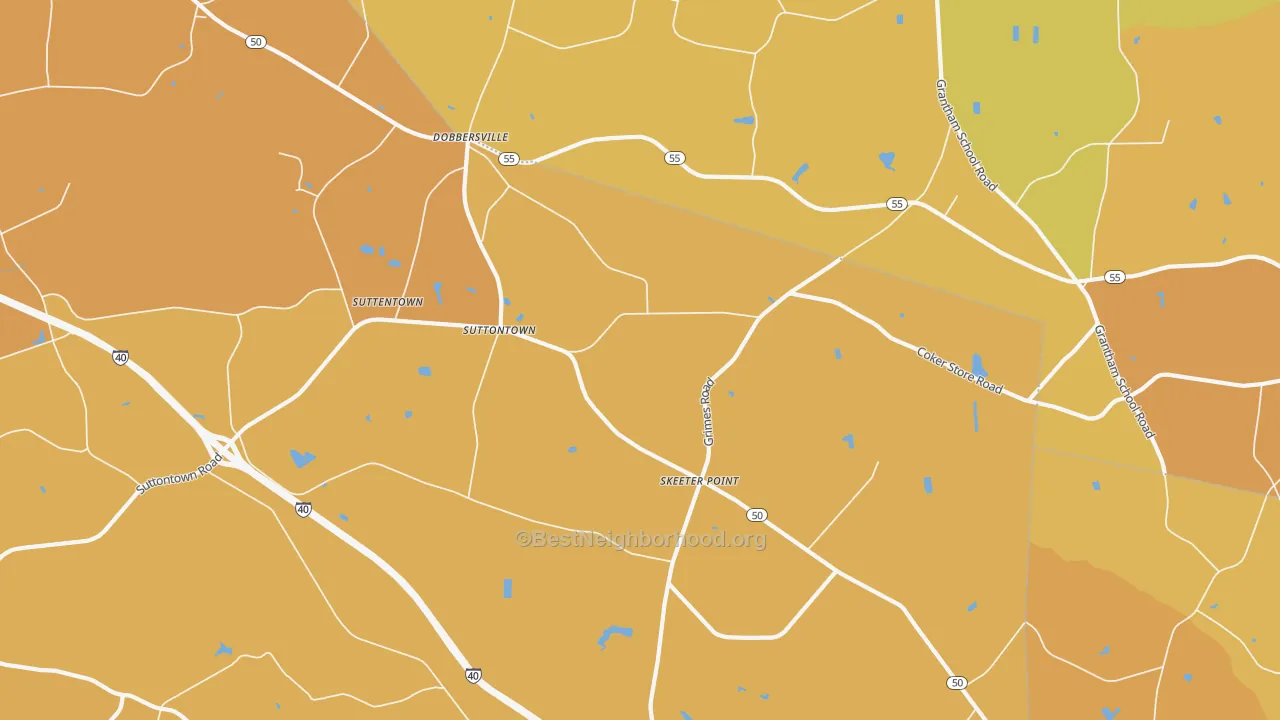 Map of the best neighborhoods in the Suttontown area, with better matches in green and worse matches in red