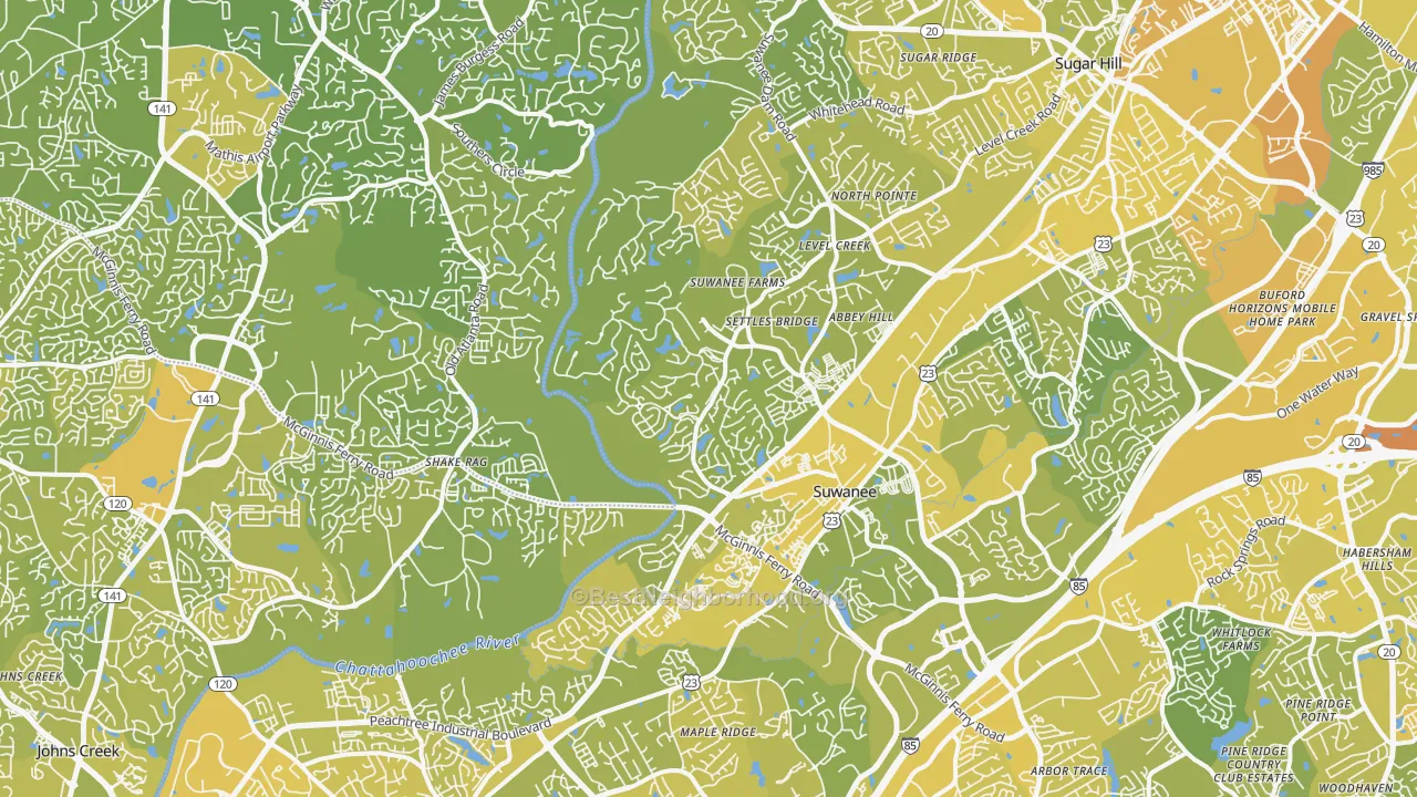 Map of the best neighborhoods in the Suwanee area, with better matches in green and worse matches in red