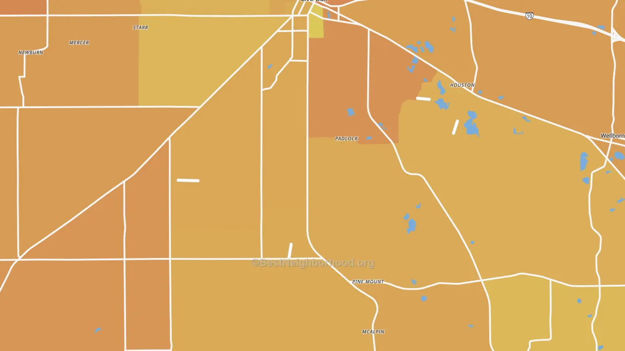 Map of the best neighborhoods in the Suwannee County area, with better matches in green and worse matches in red
