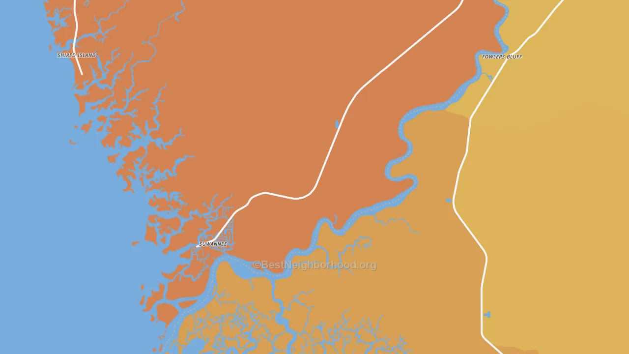 Map of the best neighborhoods in the Suwannee area, with better matches in green and worse matches in red
