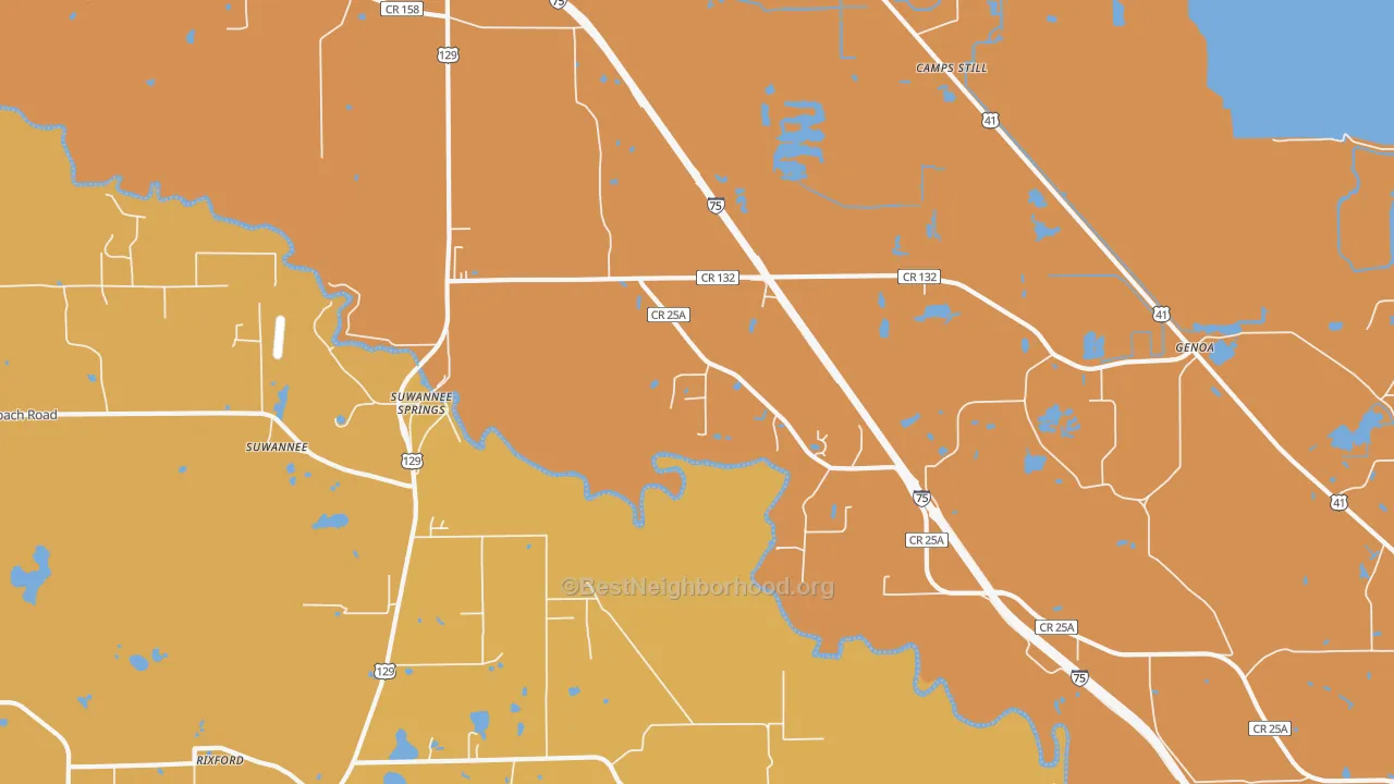 Map of the best neighborhoods in the Suwannee Springs area, with better matches in green and worse matches in red