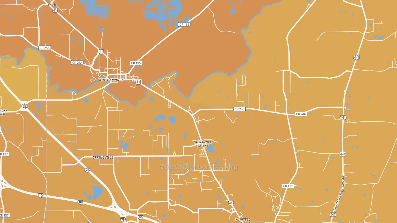 Map of the best neighborhoods in the Suwannee Valley area, with better matches in green and worse matches in red
