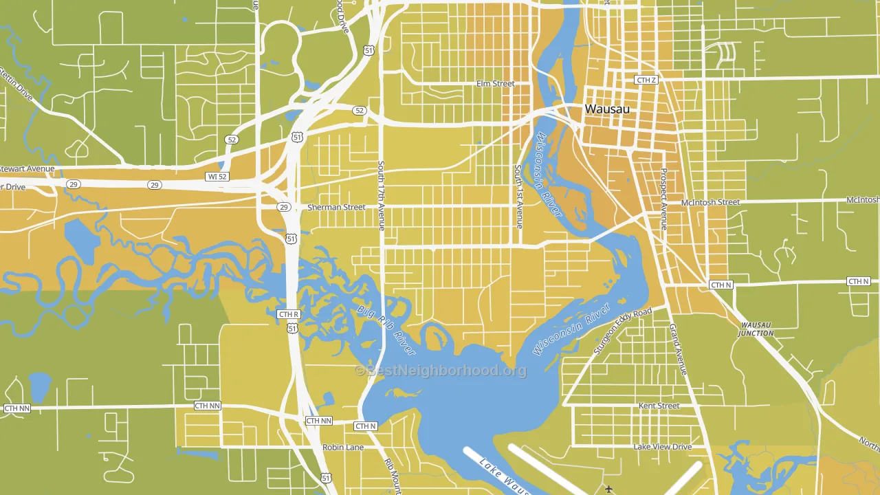 Map of the best neighborhoods in the SW Jones, Wausau area, with better matches in green and worse matches in red