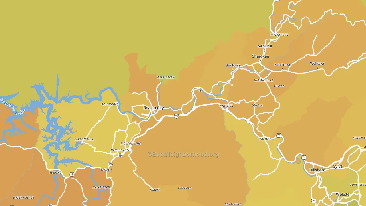 Map of the best neighborhoods in the Swain County area, with better matches in green and worse matches in red