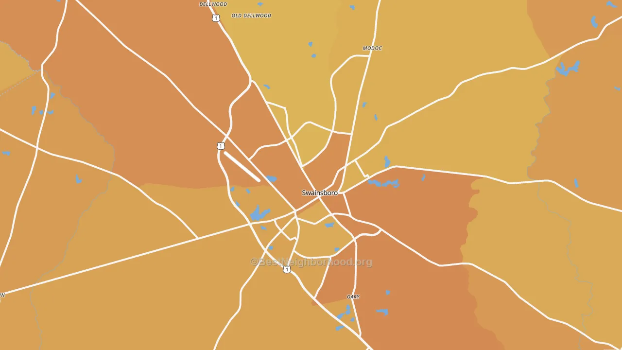 Map of the best neighborhoods in the Swainsboro area, with better matches in green and worse matches in red